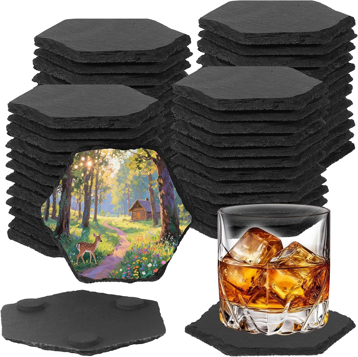 24 PCS Slate Coasters Black Square 4 Inch Bulk Rock, Blank Laser Engraving, Scratch Resistant Bottom, Home Office Kitchen Gift Wedding Bar Party