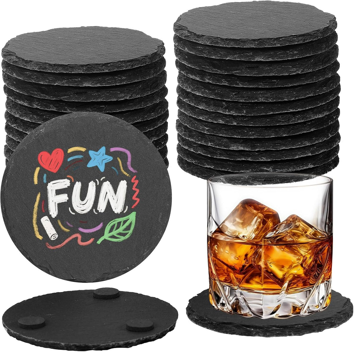 24 PCS Slate Coasters Black Square 4 Inch Bulk Rock, Blank Laser Engraving, Scratch Resistant Bottom, Home Office Kitchen Gift Wedding Bar Party