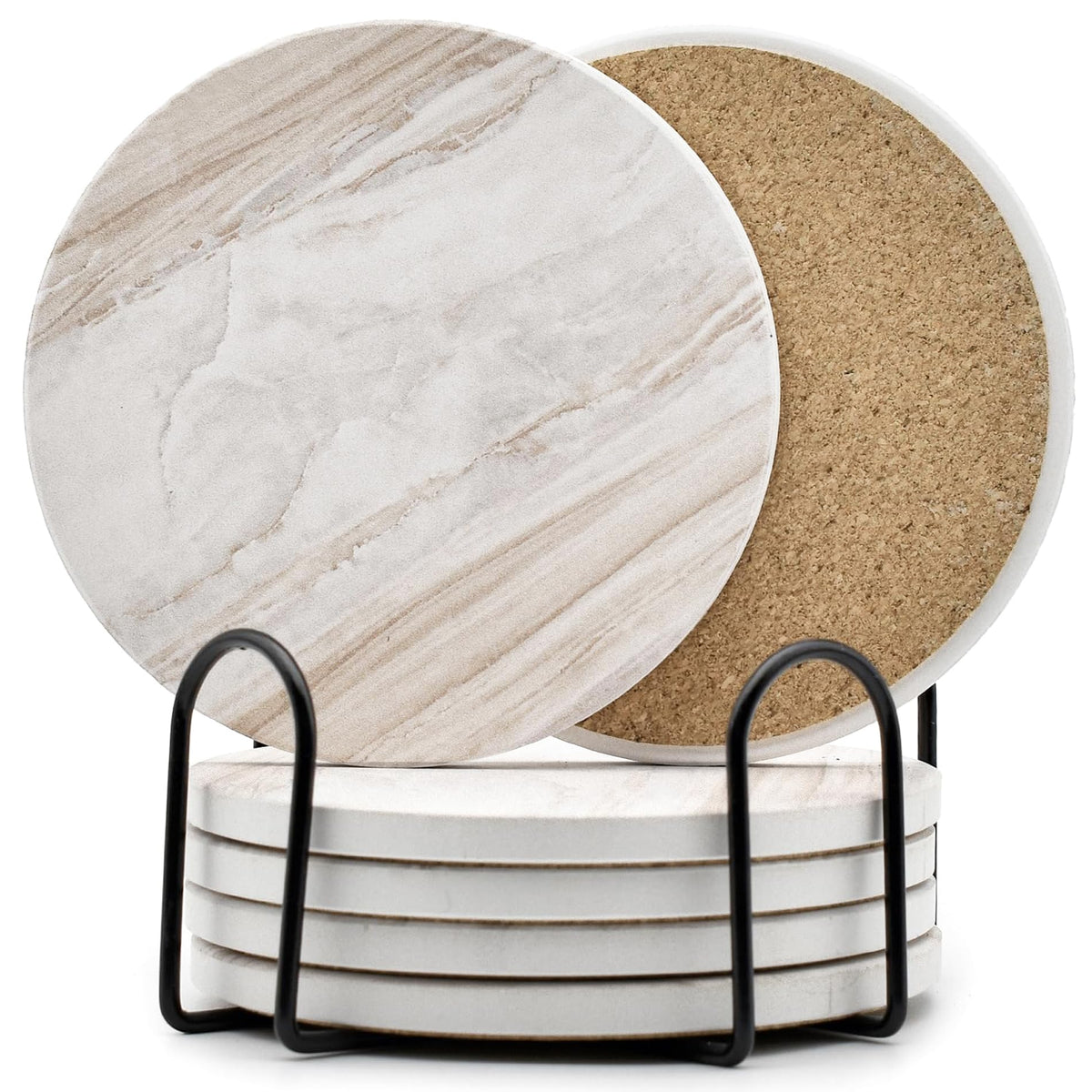 6Pcs Absorbent Coasters Set with Holder,Ceramic Drink Coaster,4 in(A1)