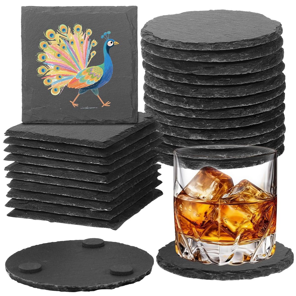 24 PCS Slate Coasters Black Square 4 Inch Bulk Rock, Blank Laser Engraving, Scratch Resistant Bottom, Home Office Kitchen Gift Wedding Bar Party
