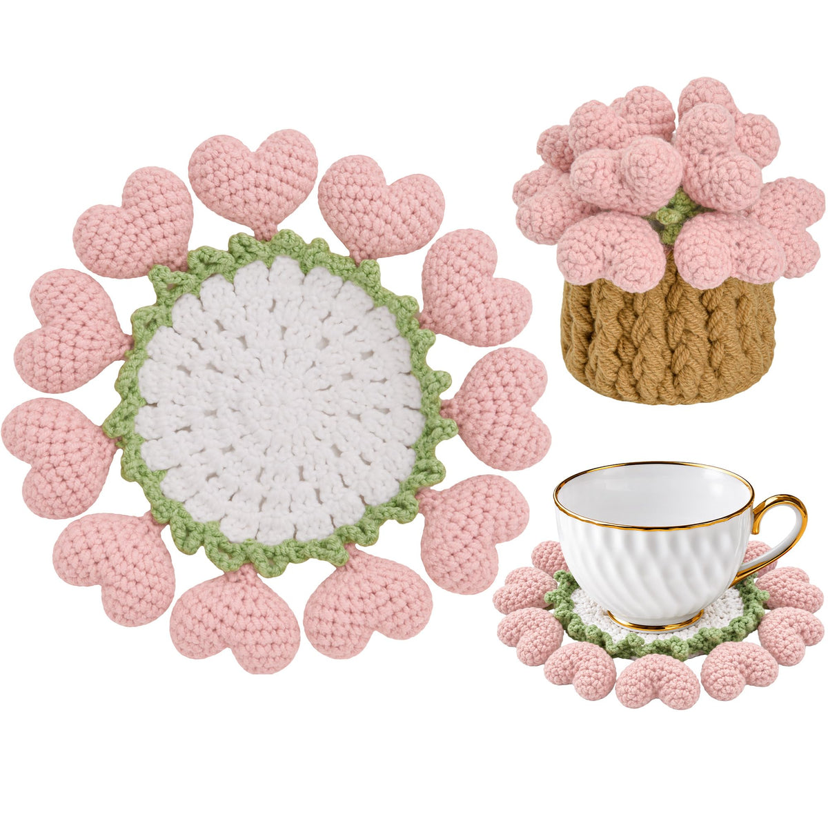 Crochet Flower Coasters, Handmade Bouquet Coasters with Crochet Plant Pot (Pink, 1Pc)