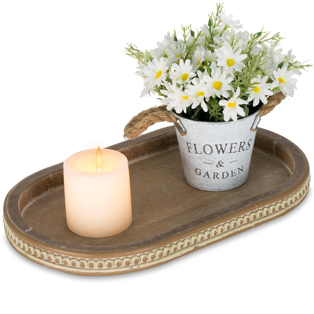 Hanobe 15" White Oval Decorative Trays for Coffee Table Decor, Beaded Edge