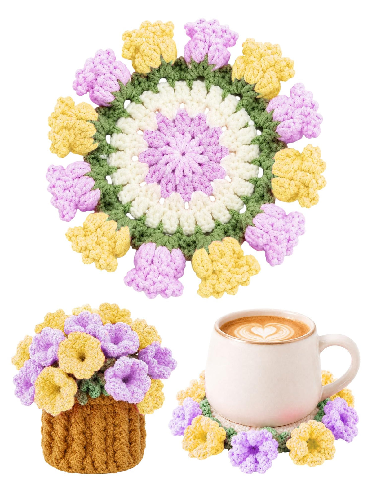 Crochet Flower Bouquet Coasters, Cotton Tulip Gifts for Home Decor 1Pc