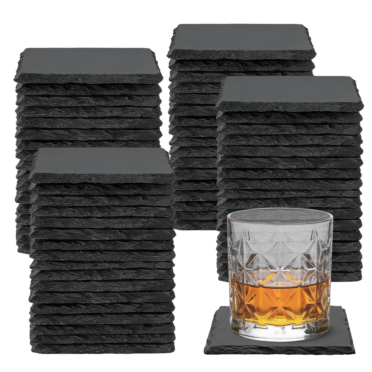 4 PCS Round Slate Drink Coasters Set, SIJDIEE 4 Inch Laser Engraving Black Slate Stone Coasters with Anti-Scratch Bottom and Coaster Holder for Office Bar Kitchen Home Dinner Table Decor Supplies