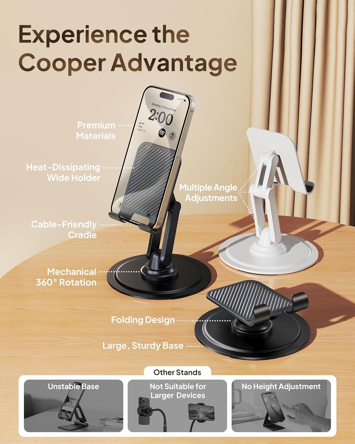 COOPER 360° Stand, Rotating Cell Phone Stand for Desk | Sturdy Metal Base, Foldable, Portable | Cell Phone Holder for Desk (Piano Black)