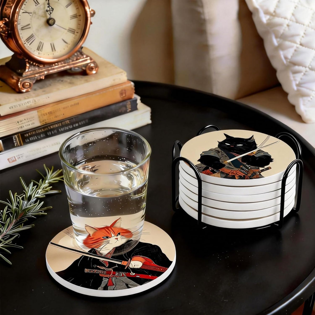 Dooke Coasters for Drinks, Round Absorbent Ceramic Stone Coasters Set of 6 with Cork Base, Funny Drink Coasters with Holder for Cold Drinks Wine Mugs and Cups Tabletop Protection,Japanese Cat