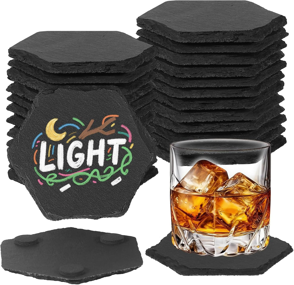 24 PCS Slate Coasters Black Square 4 Inch Bulk Rock, Blank Laser Engraving, Scratch Resistant Bottom, Home Office Kitchen Gift Wedding Bar Party