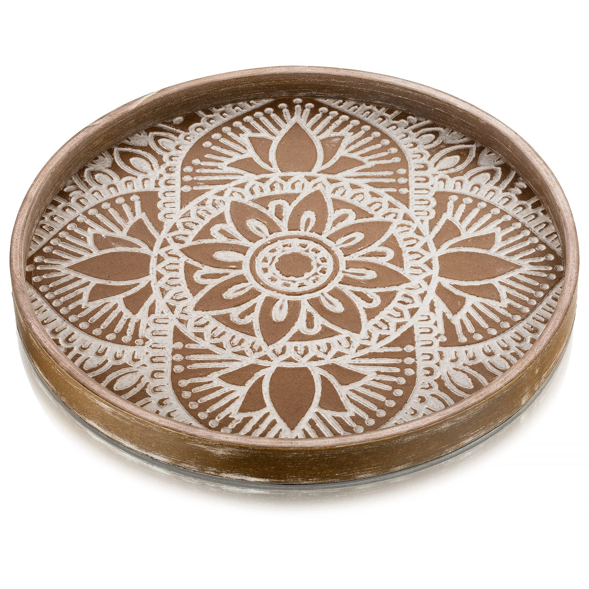 Hanobe Round Boho Decorative Tray for Coffee Table, Mandala Pattern Finish