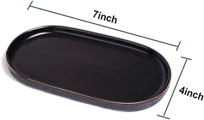 Ceramic Jewelry Dish, Perfume Vanity Tray, 7x4 Decorative Catch All Bowl for Trinket Key Ring, Small Bathroom Counter Tray, Soap Tray for Kitchen Sink (Black)
