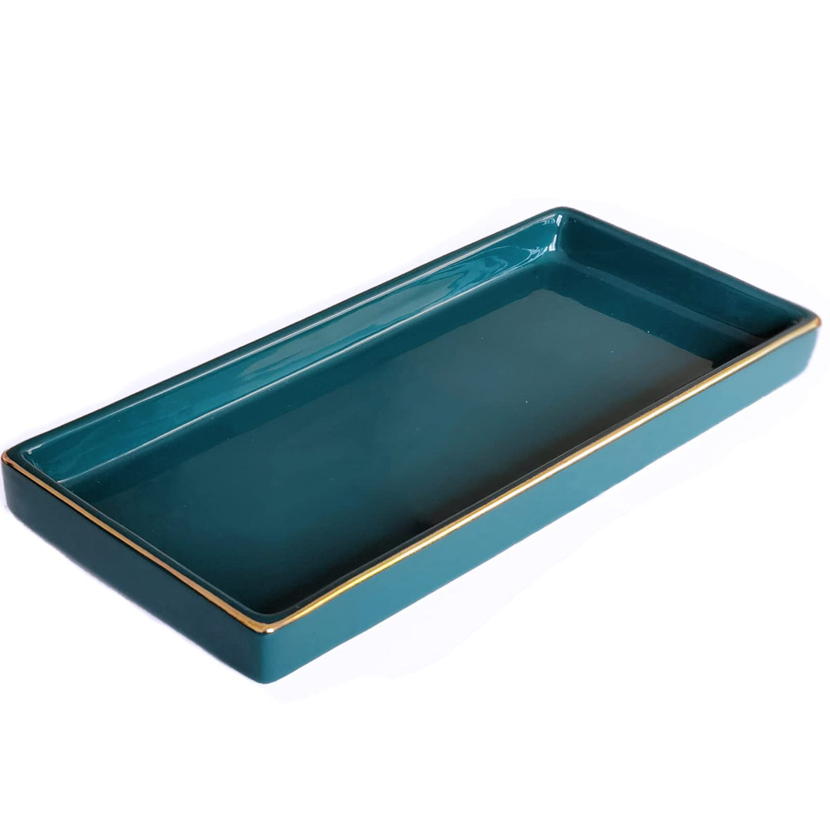 10 x 5 Ceramic Bathroom Tray for Countertop, Decorative Vanity Tray for Dresser Tops, Small Rectangular Trays for Perfume, Candle, Jewelry, Cosmetics (Green)