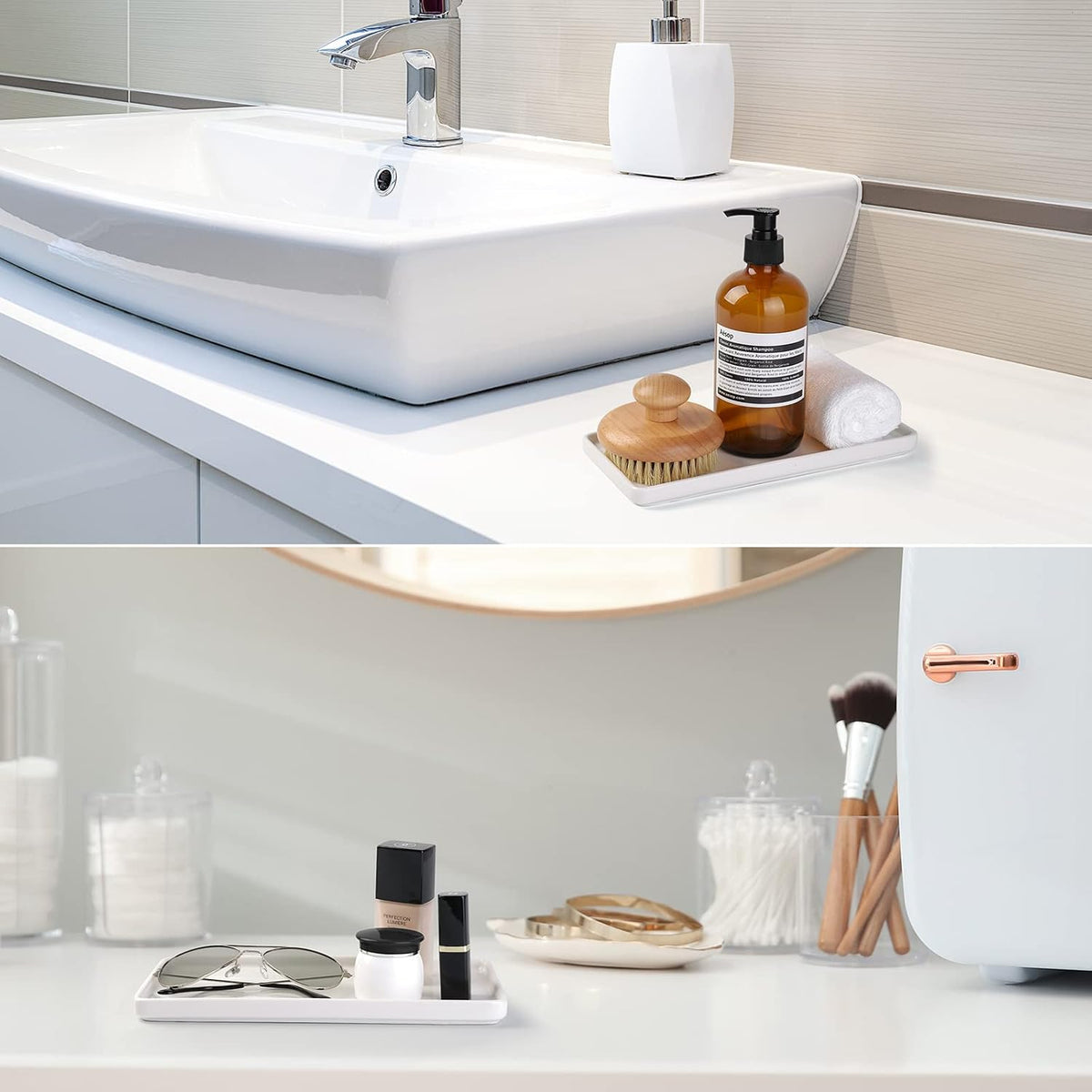 Gurygo 8" Bathroom Trays - Ceramic Vanity Tray for Bathroom - Small Ceramic Tray - Kitchen Soap Trays - Porcelain Dispenser Organizer for Kitchen Bathtub Counter (White)