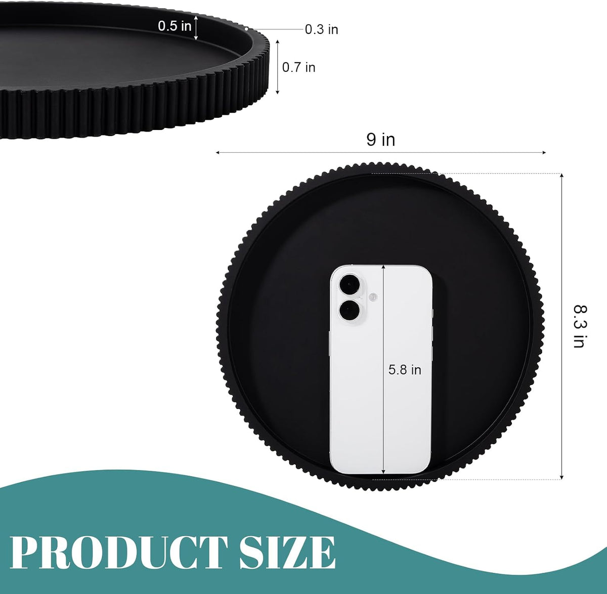 Silicone Bathroom Tray Round Perfume Tray Coffee Table Decor, 9" Black