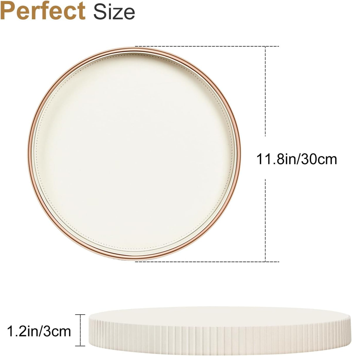 KINGFOM Round PU Leather Decorative Tray with Gold Trim, Catchall Tray for Jewelry, Keys & Small Accessories, Modern Vanity Tray for Dresser, Entryway & Bathroom Counter (Ivory White)