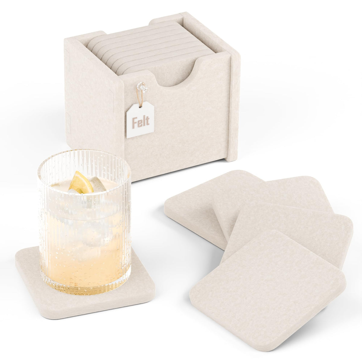 Fluxynara Felt Coasters with Holder, Set of 8 for Drinks, Oatmeal