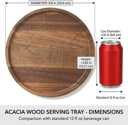 9.8 Inch Round Wood Tray for Coffee Table, Rustic Candle Holder Tray Home Decor, Small Wooden Serving Tray for Living Room, Decorative Farmhouse Centerpiece for Kitchen Counter