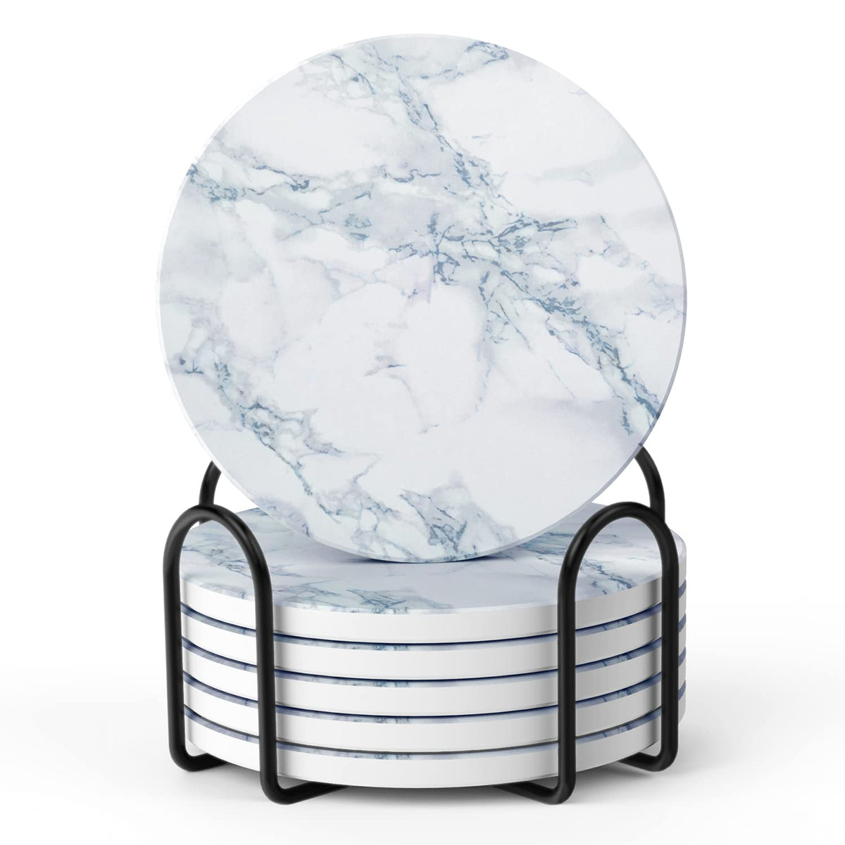 LIFVER Absorbent Coaster Sets of 4, Drink Coasters with Holder, Marble Style Ceramic Drink Coaster for Tabletop Protection, Suitable for Kinds of Cups, Wooden Table, Cool Home Decor, 4 Inches