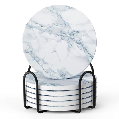 LIFVER Absorbent Coaster Sets of 4, Drink Coasters with Holder, Marble Style Ceramic Drink Coaster for Tabletop Protection, Suitable for Kinds of Cups, Wooden Table, Cool Home Decor, 4 Inches