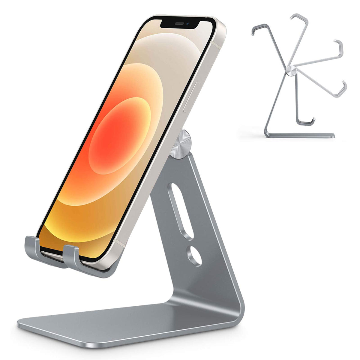 OMOTON C2 Adjustable Aluminum Cell Phone Stand with Charging Cutout, Silver