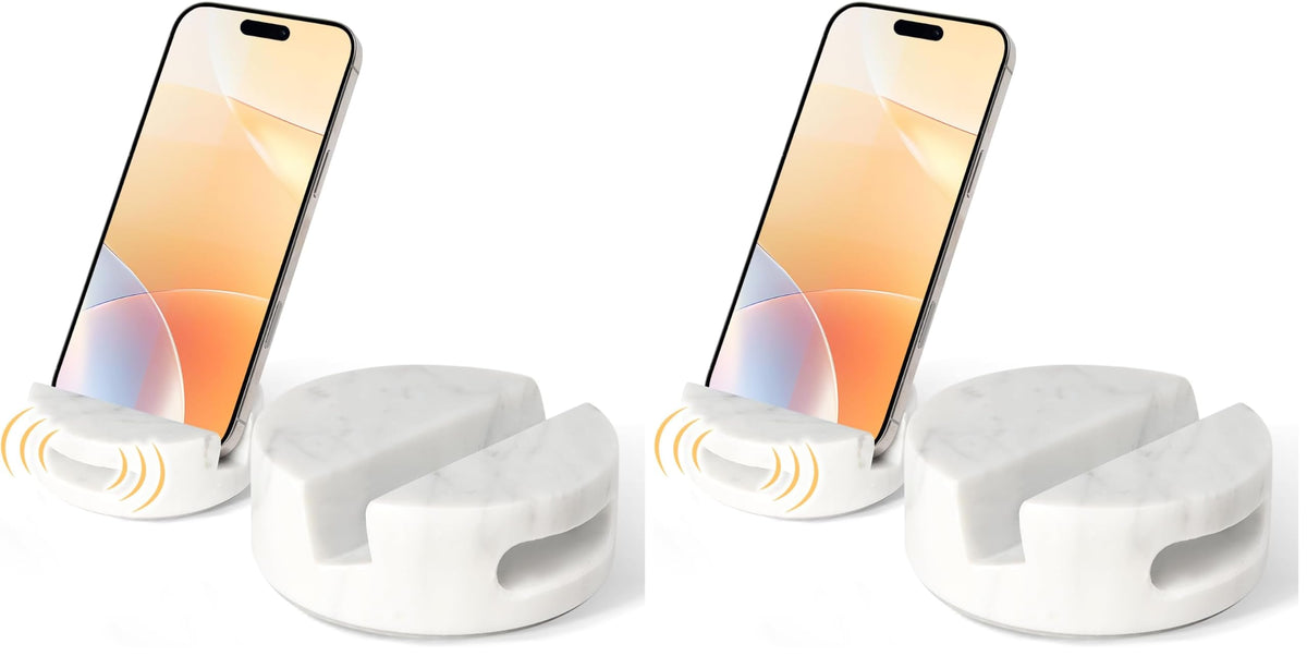 CHISELED ST DF SK Elegant and Versatile White Marble Phone Stand with Sound Amplified Output iPhone Phone Holder Function for Office Desk,Kitchen Counter,Bathroom,and Bedside