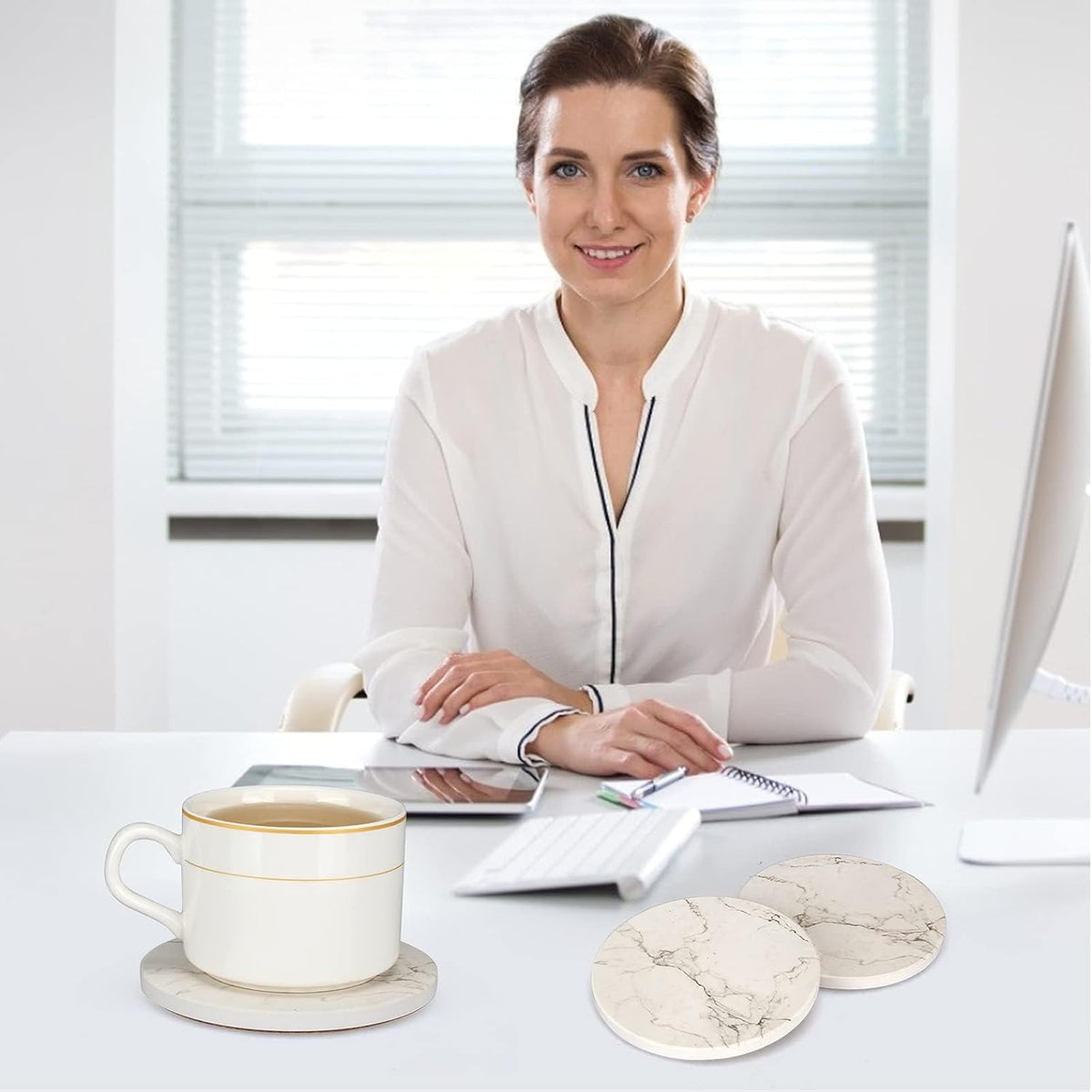 White Marble Coasters Set of 6 Absorbent Ceramic Cute Drink Coaster Holder