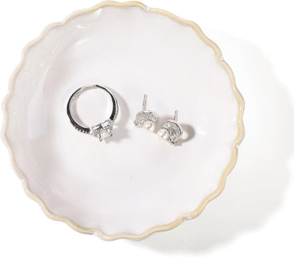 HOME SMILE Pastel White Ruffled Ceramic Jewelry Dish|Trinket Tray for Rings, Earrings, Necklaces|Gifts for Women|Vanity Organizer & Bathroom Decor