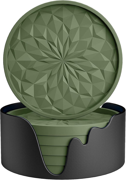 ME.FAN Silicone Coasters with Holder,[6 Pack] Drinking Coasters - Cup Mat for Hot or Cold Drinks, Thickened, Non-Slip, Non-stick,Deep Tray Olive Green