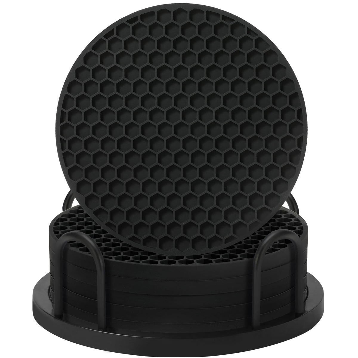 TWTLi 8-Pack Silicone Drink Coasters with Holder, Non-Slip Coaster Set for Coffee Table, Kitchen & Office, Protect Furniture from Water Rings, Heat & Spills, Black