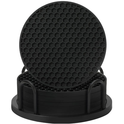 TWTLi 8-Pack Silicone Drink Coasters with Holder, Non-Slip Coaster Set for Coffee Table, Kitchen & Office, Protect Furniture from Water Rings, Heat & Spills, Black