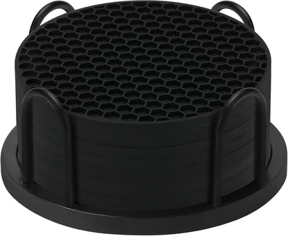 TWTLi 8-Pack Silicone Drink Coasters with Holder, Non-Slip Coaster Set for Coffee Table, Kitchen & Office, Protect Furniture from Water Rings, Heat & Spills, Black