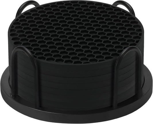 TWTLi 8-Pack Silicone Drink Coasters with Holder, Non-Slip Coaster Set for Coffee Table, Kitchen & Office, Protect Furniture from Water Rings, Heat & Spills, Black