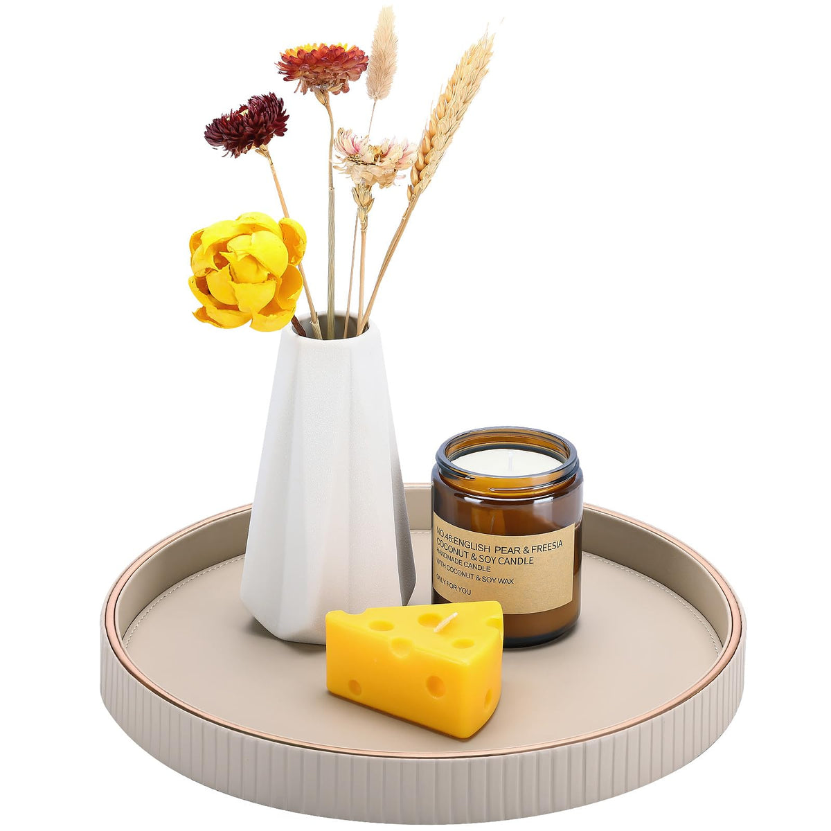 KINGFOM Round PU Leather Decorative Tray with Gold Trim, Catchall Tray for Jewelry, Keys & Small Accessories, Modern Vanity Tray for Dresser, Entryway & Bathroom Counter (Ivory White)