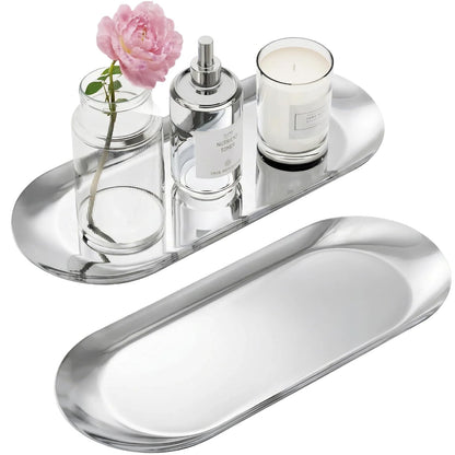 Gold Decorative Tray, 2 PCS Bathroom Vanity Tray for Dresser Counter, Elegant Jewelry Dish Tray for Decor, Gold Platter Serving Tray Organizer for Perfume Trinket Key Candle, Stainless Steel, Oval