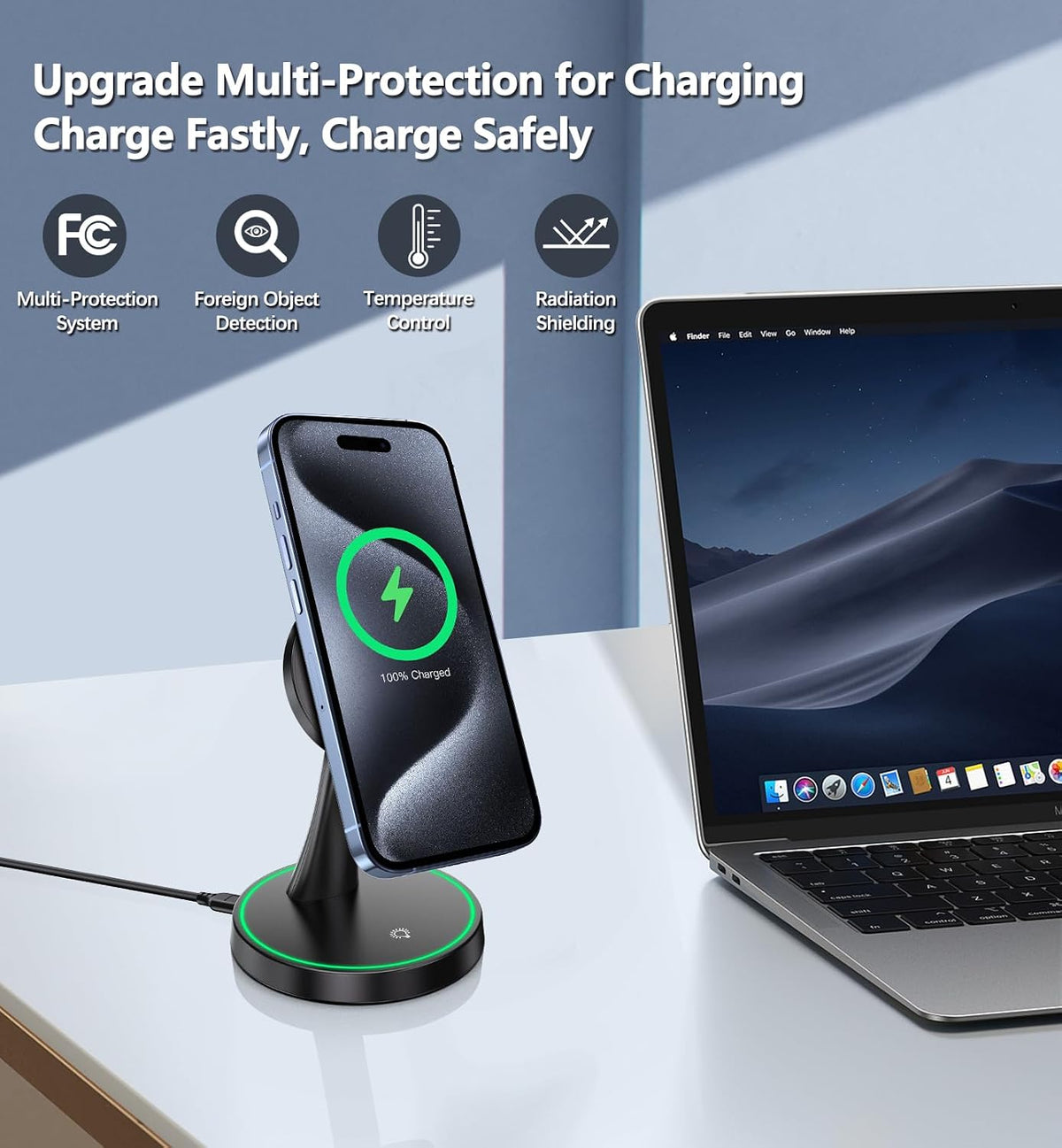 Magnetic Wireless Charger Stand 15W Fast Mag-Safe Charger for iPhone 18 Pro / 18 Pro Max 17/16/15/14/13/12 Series Magnet Wireless Charging Station/Pad with Sleep-Friendly Light for AirPods