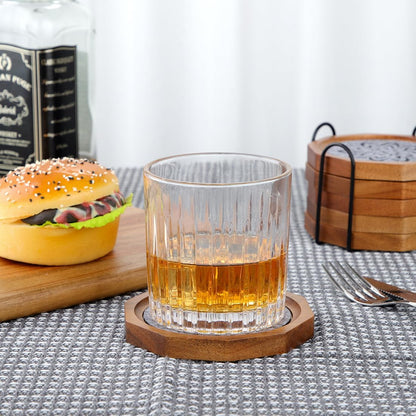 Wood Coasters for Drinks Absorbent with Lip, 4.3 Inch Acacia Wood Grey Felt Coaster with Holder for Wooden Coffee Table for Cups, Mugs, and Glasses - Set of 6