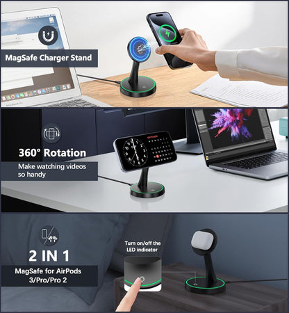Magnetic Wireless Charger Stand 15W Fast Mag-Safe Charger for iPhone 18 Pro / 18 Pro Max 17/16/15/14/13/12 Series Magnet Wireless Charging Station/Pad with Sleep-Friendly Light for AirPods