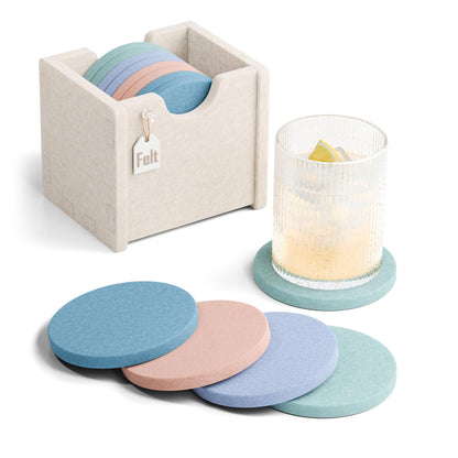 Fluxynara Felt Coasters with Holder, Set of 8 for Drinks, Oatmeal
