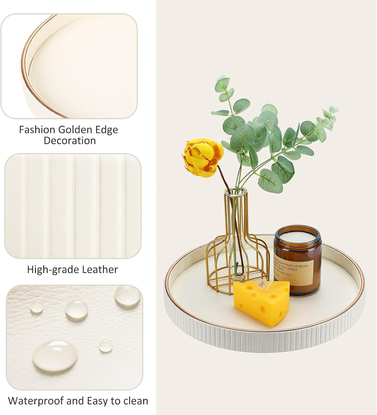 KINGFOM Round PU Leather Decorative Tray with Gold Trim, Catchall Tray for Jewelry, Keys & Small Accessories, Modern Vanity Tray for Dresser, Entryway & Bathroom Counter (Ivory White)