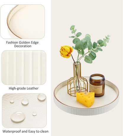 KINGFOM Round PU Leather Decorative Tray with Gold Trim, Catchall Tray for Jewelry, Keys & Small Accessories, Modern Vanity Tray for Dresser, Entryway & Bathroom Counter (Ivory White)
