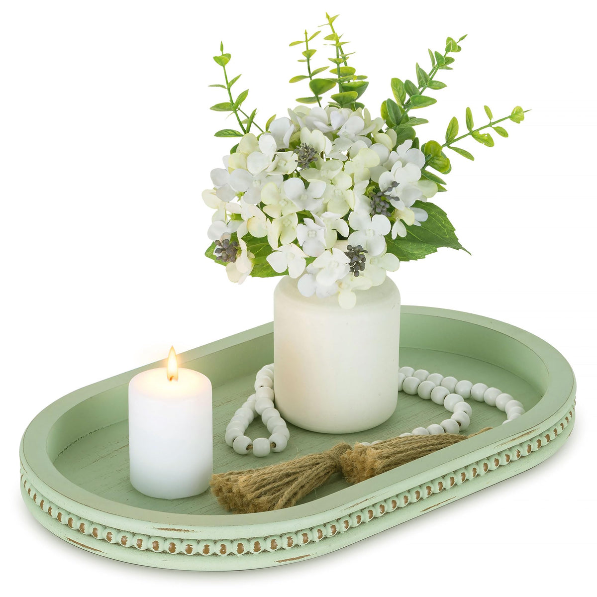 Hanobe 15" White Oval Decorative Trays for Coffee Table Decor, Beaded Edge