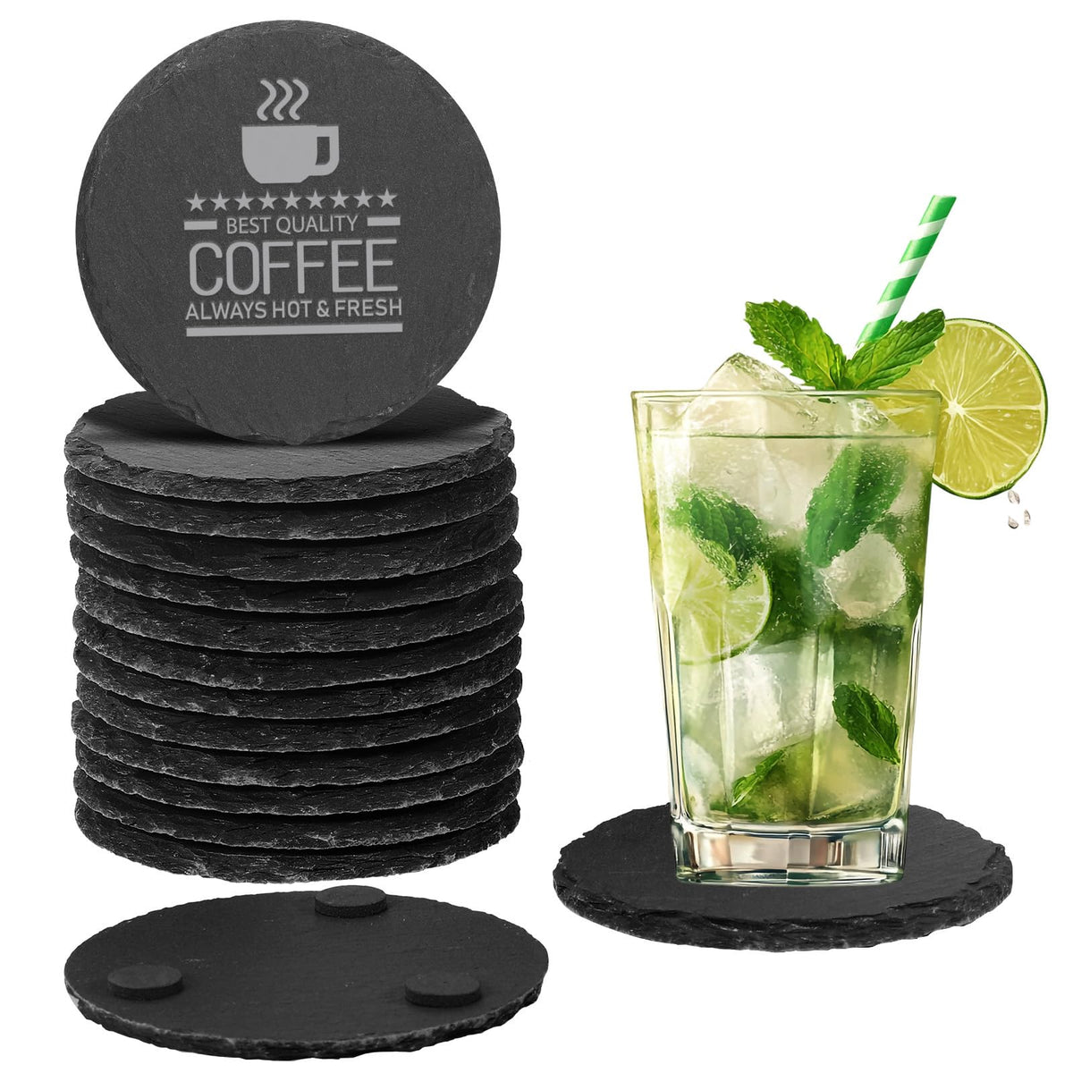 24 PCS Slate Coasters Black Square 4 Inch Bulk Rock, Blank Laser Engraving, Scratch Resistant Bottom, Home Office Kitchen Gift Wedding Bar Party