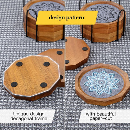 Wood Coasters for Drinks Absorbent with Lip, 4.3 Inch Acacia Wood Grey Felt Coaster with Holder for Wooden Coffee Table for Cups, Mugs, and Glasses - Set of 6
