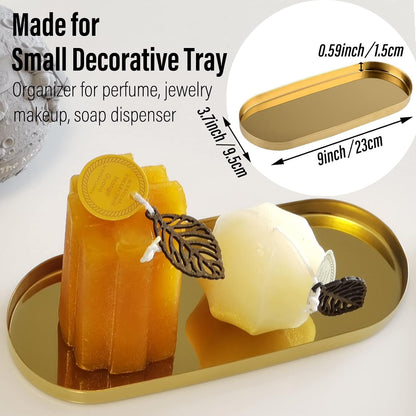 FREELOVE Mirror Gold Tray for Bathroom Vanity Perfume, Small Brass Metal Decorative Trays, Rectangle Round Oval Trinket for Napkin Glass Soap Sink Decanter Towel Candle Jewelry, 3.7''X9''