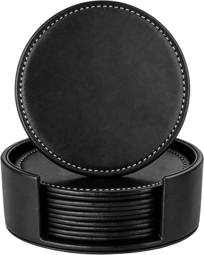 Set of 6 Round Leather Bar Coasters for Drinks with Holder (Black)