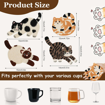 Cute Cat Coasters for Desk, Funny Woven Coaster for Decoration, Creative Gifts for Cat Lovers, Crochet Insulation Knitted Coasters for Coffee Tea Table Desktop Protection (4, Style B)