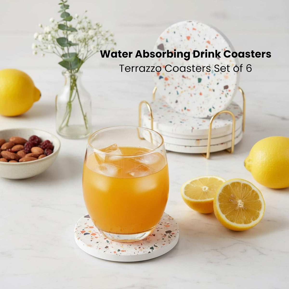 Terrazzo Coasters Set of 6, Colorful Boho Absorbent Ceramic Coasters