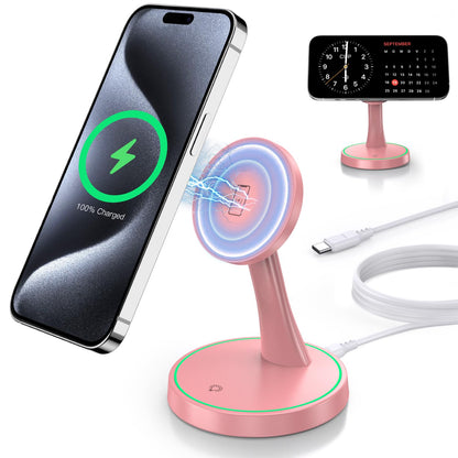 Magnetic Wireless Charger Stand 15W Fast Mag-Safe Charger for iPhone 18 Pro / 18 Pro Max 17/16/15/14/13/12 Series Magnet Wireless Charging Station/Pad with Sleep-Friendly Light for AirPods