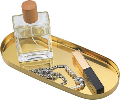 FREELOVE Mirror Gold Tray for Bathroom Vanity Perfume, Small Brass Metal Decorative Trays, Rectangle Round Oval Trinket for Napkin Glass Soap Sink Decanter Towel Candle Jewelry, 3.7''X9''