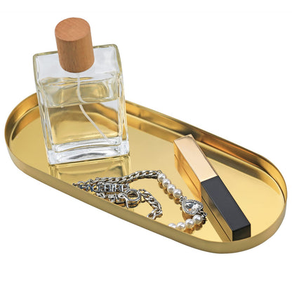 FREELOVE Mirror Gold Tray for Bathroom Vanity Perfume, Small Brass Metal Decorative Trays, Rectangle Round Oval Trinket for Napkin Glass Soap Sink Decanter Towel Candle Jewelry, 3.7''X9''