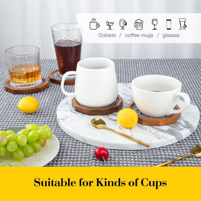 Wood Coasters for Drinks Absorbent with Lip, 4.3 Inch Acacia Wood Grey Felt Coaster with Holder for Wooden Coffee Table for Cups, Mugs, and Glasses - Set of 6