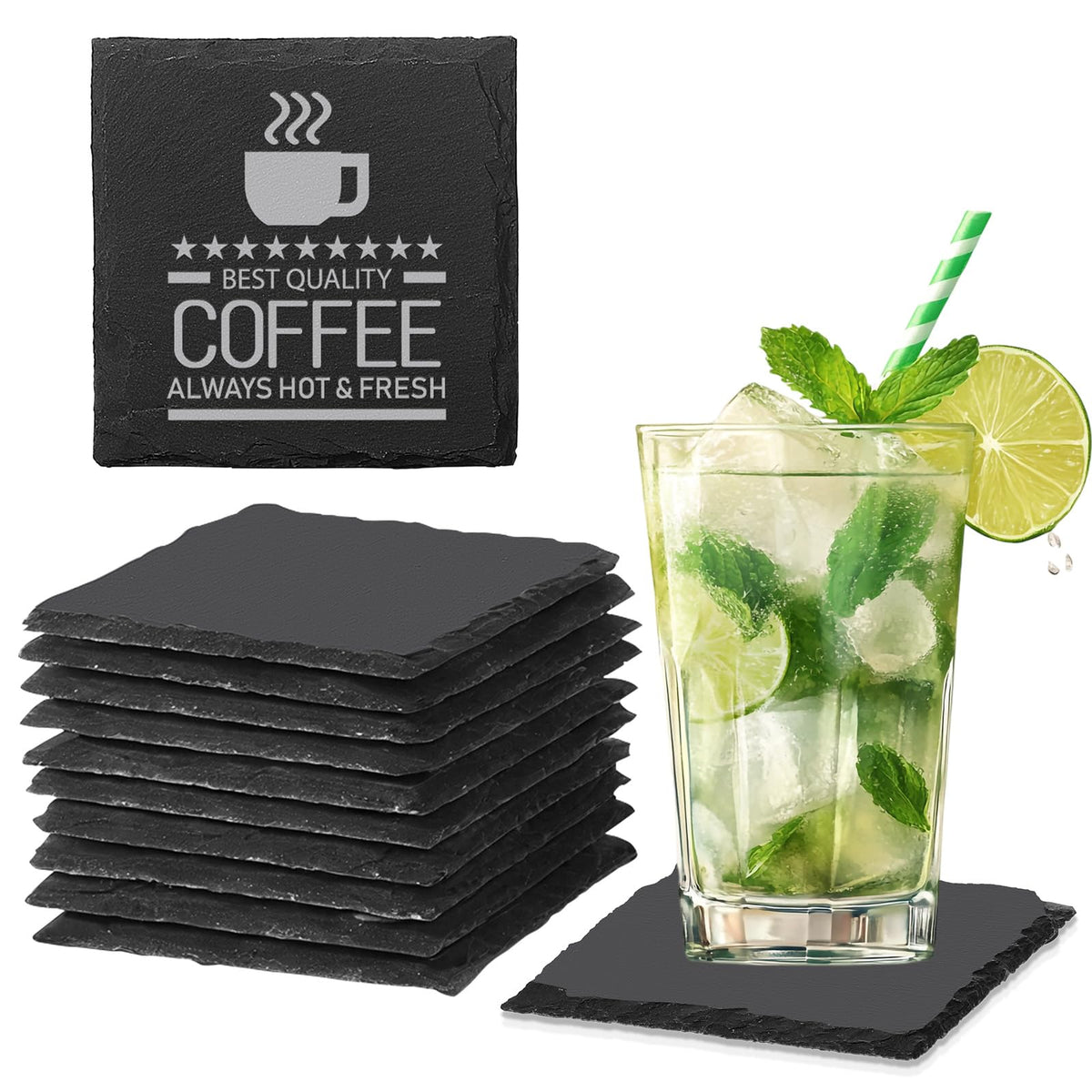 24 PCS Slate Coasters Black Square 4 Inch Bulk Rock, Blank Laser Engraving, Scratch Resistant Bottom, Home Office Kitchen Gift Wedding Bar Party